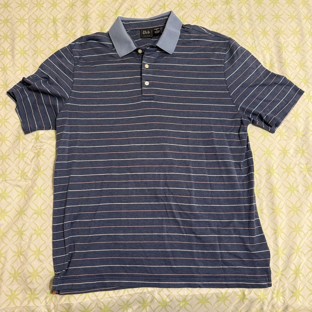 Jos A Bank Traveler Mens Large Blue Striped Herringbone Cotton Polo Shirt L - Picture 1 of 5